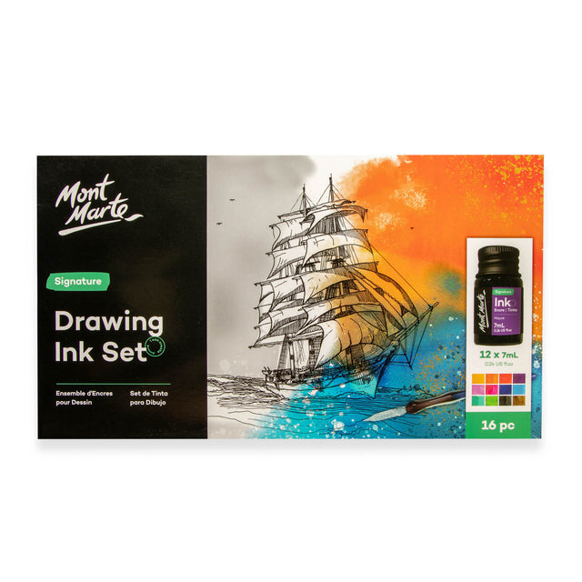 16 Piece Drawing Ink Set with Glass Dip Pen and Brush - Mont Marte