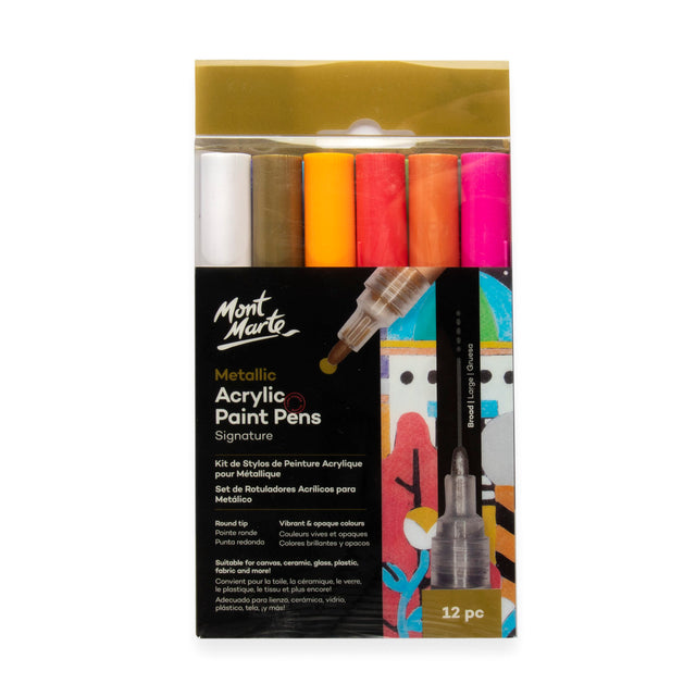 12 Pack Metallic Acrylic Paint Pens - Broad Tip - Mont Marte