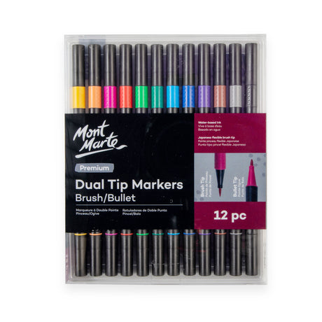12 Pack Dual Tip Brush and Bullet Marker Set - Assorted - Mont Marte