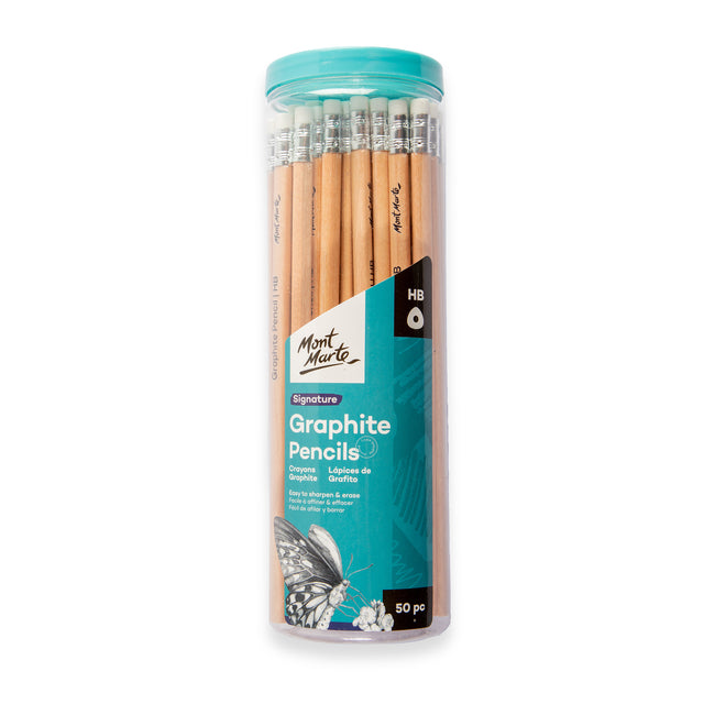 50 Pack HB Graphite Pencils with Eraser Ends in Storage Container - Mont Marte