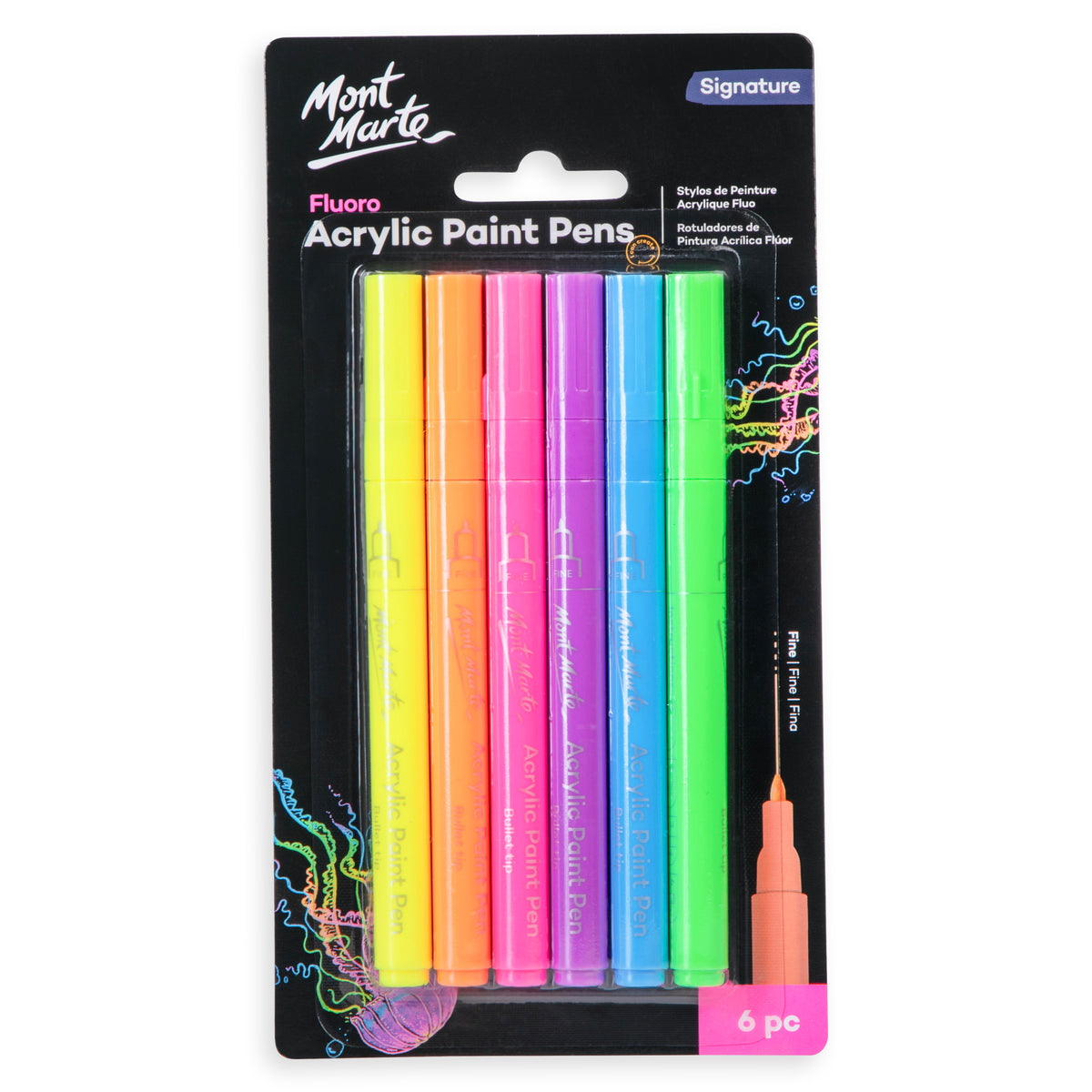 6 Pack Fluoro Acrylic Paint Pens - Fine Tip Assorted - Mont Marte