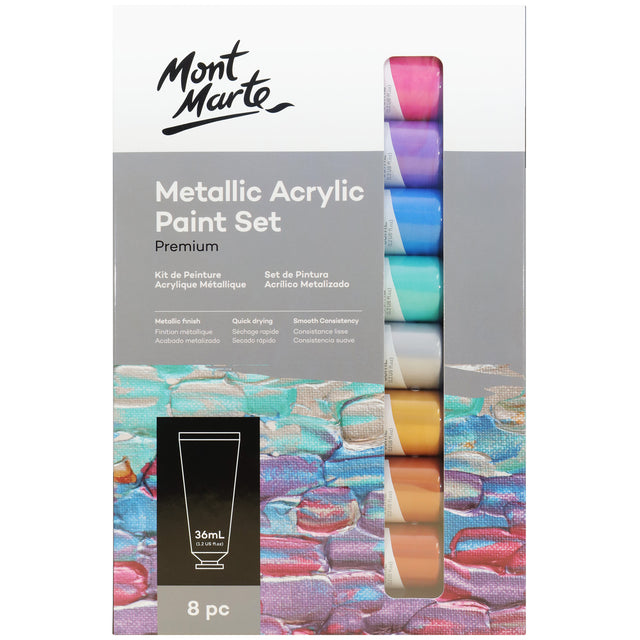 8 Pack Metallic Acrylic Paint Set 36ml - Assorted - Mont Marte