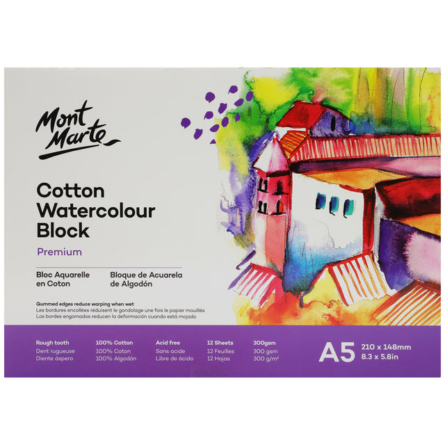 12 Sheet Cotton Watercolour Paper Block 300gsm - A5 - Mont Marte