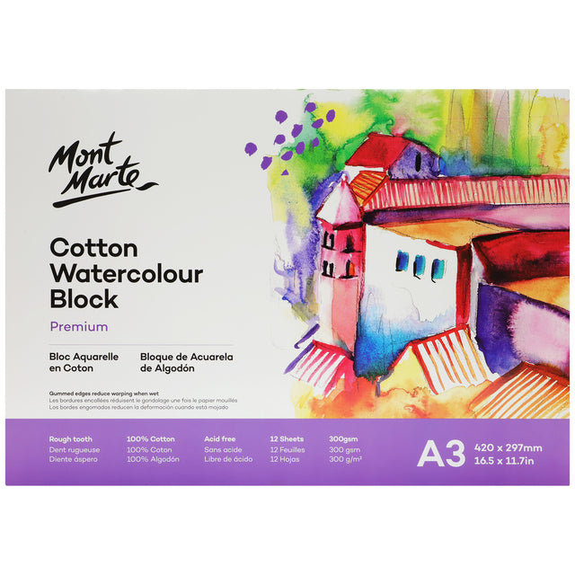 12 Sheet Cotton Watercolour Paper Block 300gsm A3 - Rough - Mont Marte